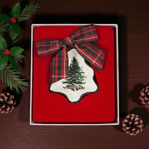 Spode Christmas Tree Ornament w/ Box Plaid Bow Porcelain Holiday Collectible